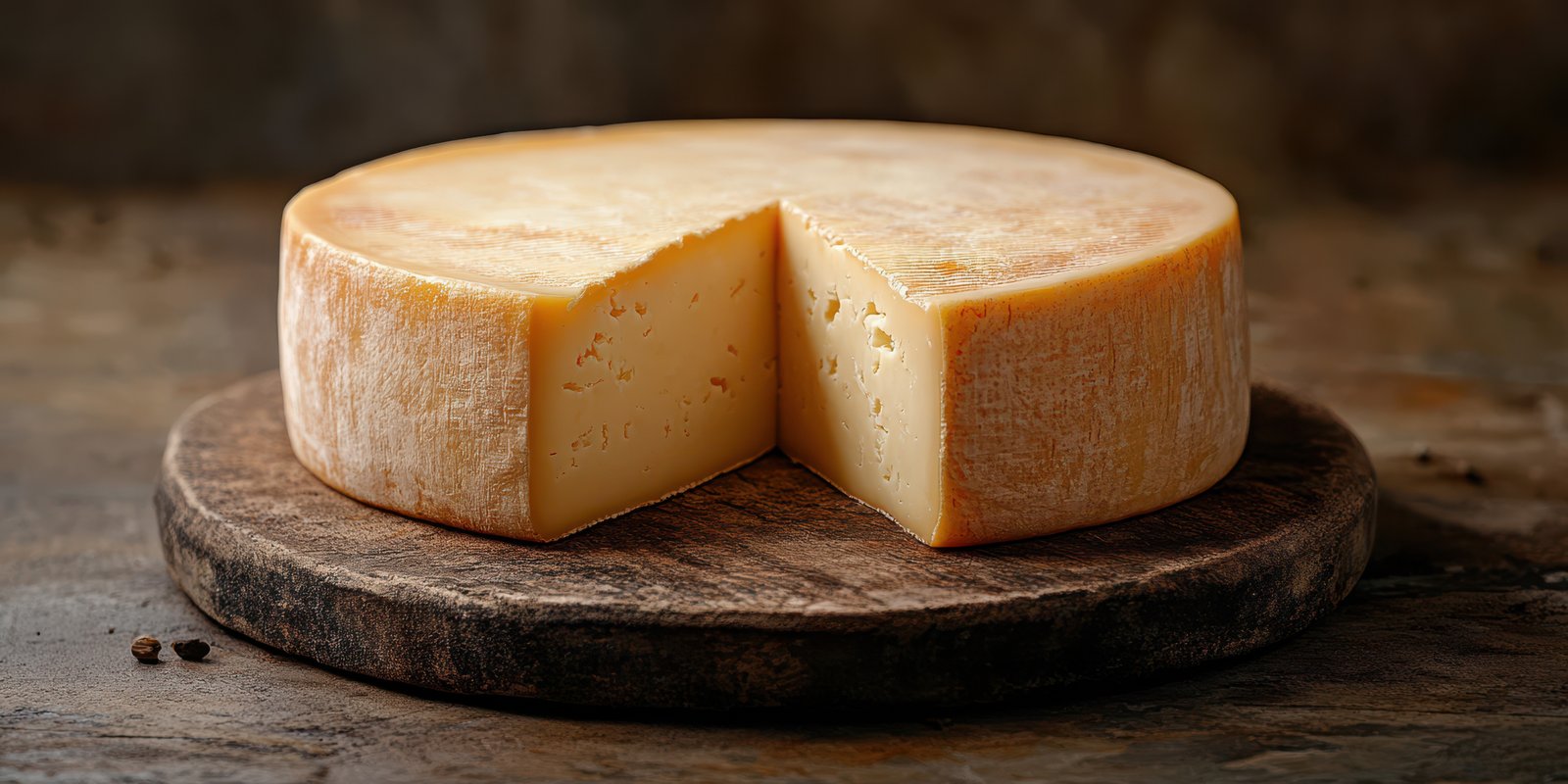 Delicious cheese wheel on wooden board with a wedge cut out showcasing its creamy texture and flavor